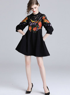 Lantern Sleeve Splicing Embroidered Lace Skater Dress