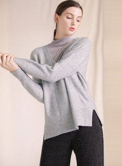 Solid Color V-neck Side-slit Knitted Sweater
