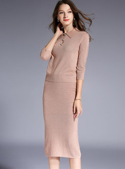 Solid Color Lapel Knitted Top & Slim Knitted Skirt