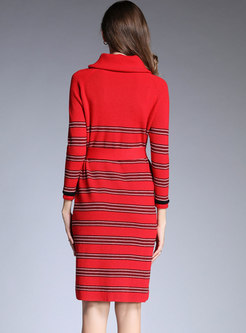 Color-blocked High Neck Bowknot Knitted Dress