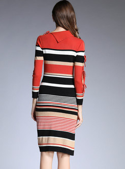 Striped Turn Down Collar Slim Knitted Dress