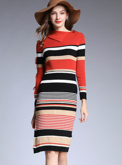 Striped Turn Down Collar Slim Knitted Dress