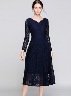 V-neck Long Sleeve Lace Hollow Out A Line Dress