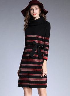 Stylish Color-blocked High Neck Belted Knitted Dress