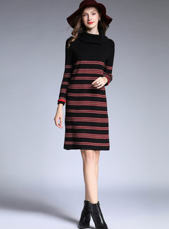 Stylish Color-blocked High Neck Belted Knitted Dress