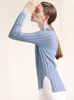 Half Turtle Neck Hollow Out Side-slit Pullover Sweater