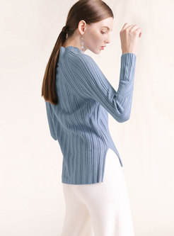Half Turtle Neck Hollow Out Side-slit Pullover Sweater