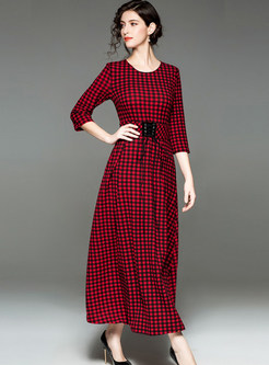 Trendy Red Plaid All-matched Maxi Dress Without Pocket