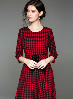 Trendy Red Plaid All-matched Maxi Dress Without Pocket