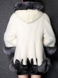 Hooded Long Sleeve Color-blocked Paneled Fur Coat