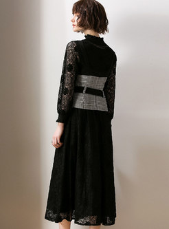 Fashion Black Lace Slim Midi Dress & Tweed Sleeveless Belted Vest