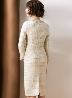 Elegant Apricot Tweed Long Sleeve Sheath Bodycon Dress