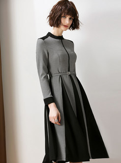 Stylish Grey O-neck Long Sleeve Plaid Hit Color Dress