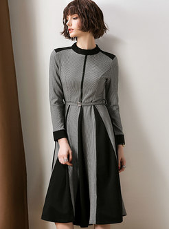 Stylish Grey O-neck Long Sleeve Plaid Hit Color Dress