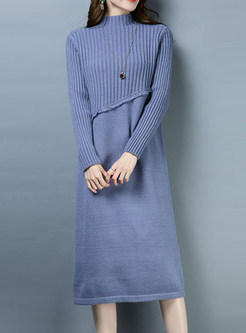 Brief Pure Color Turtle Neck Pullover Knitted Dress