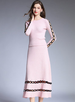 Casual Color-blocked Hollow Out Knitted Top & Slim A Line Skirt