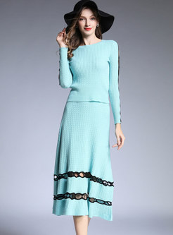 Color-blocked Hollow Out Knitted Top & Slim A Line Skirt