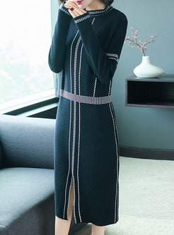 Autumn Black Crew-neck Long Sleeve Knitted Split Dress