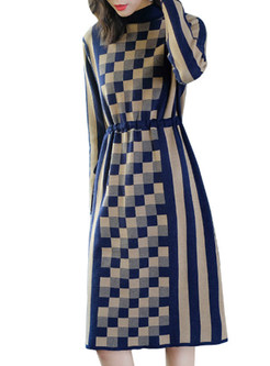 Color-blocked Striped Splicing Plaid A Line Dress