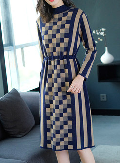 Color-blocked Striped Splicing Plaid A Line Dress