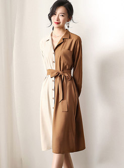 Chic Color-blocked Notched Single-breasted Tie-waist Dress