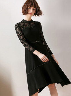 Autumn Trendy Black Stand Collar Lace Stitching Dress