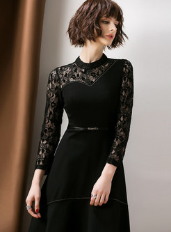 Autumn Trendy Black Stand Collar Lace Stitching Dress