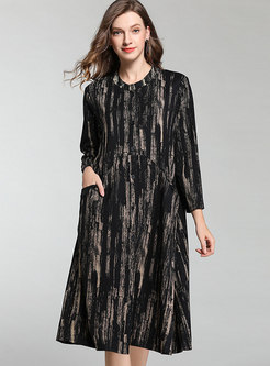 Trendy Black Standing Collar Print Autumn Shift Dress