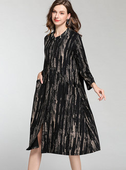 Trendy Black Standing Collar Print Autumn Shift Dress