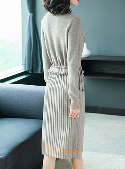 Fashion Solid Color Long Sleeve Woolen Drawstring Dress