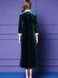 Trendy Green Crew-neck Embroidered Maxi Dress With Keyhole
