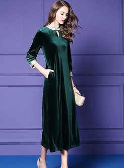Trendy Green Crew-neck Embroidered Maxi Dress With Keyhole