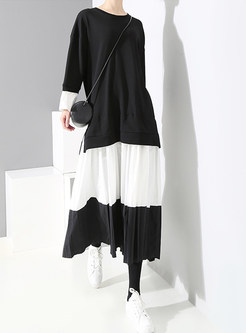 Color-blocked O-neck Long Sleeve Splicing Pleated Dress