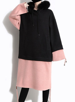 Fashion Hooded Color-blocked Tied Plush Sweatshirt Dress