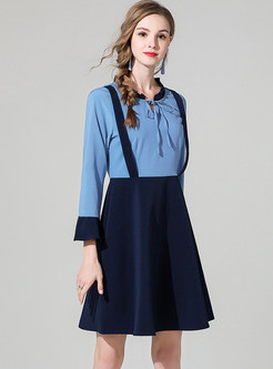 Color-blocked Bowknot Tied Fake Two Piece Outfits