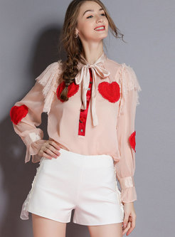 Pink Tie-neck Bowknot Heart Pattern Lace Blouse With Sling