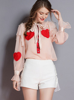 Pink Tie-neck Bowknot Heart Pattern Lace Blouse With Sling