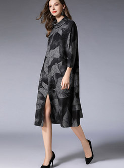 Fashion Half Turtle Neck Print Pockets Dress
