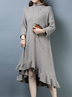 Casual Solid Color Thermal Falbala Knitted Dress