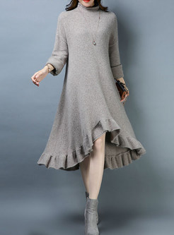 Casual Solid Color Thermal Falbala Knitted Dress
