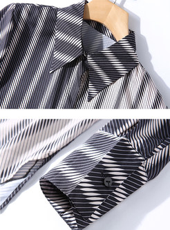 Lapel Long Sleeve Color-blocked Striped Blouse