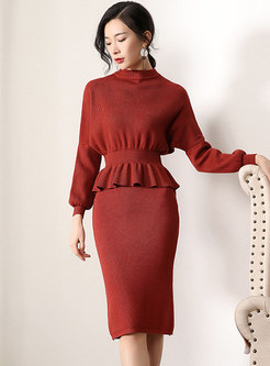 Pure Color Waist Slim Knitted Top & Sheath Knitted Skirt