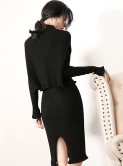 Brief Black Sheath Knitted Dress & Stand Collar Sleeveless Loose Top