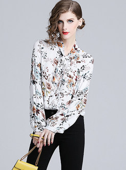 Chic Bowknot Tied Lantern Sleeve Floral Blouse