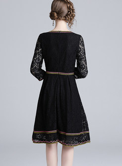 O-neck Three Quarters Sleeve Embroidered Lace Dress