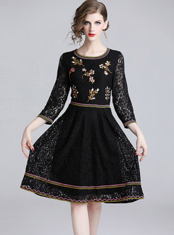 O-neck Three Quarters Sleeve Embroidered Lace Dress