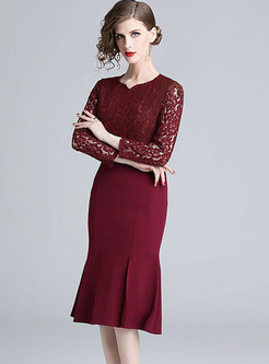 Elegant V-neck Lace Hollow Out Splicing Bodycon Dress