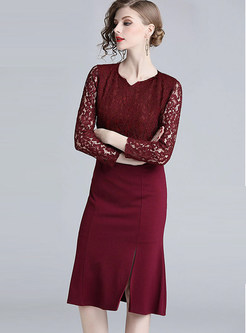 Elegant V-neck Lace Hollow Out Splicing Bodycon Dress