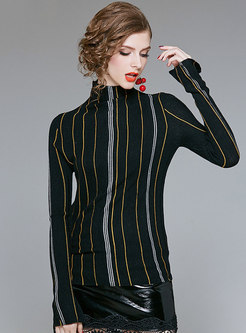 Stylish Black Striped High Neck Slim Sweater