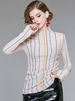 Stylish Apricot Striped High Neck Slim Sweater